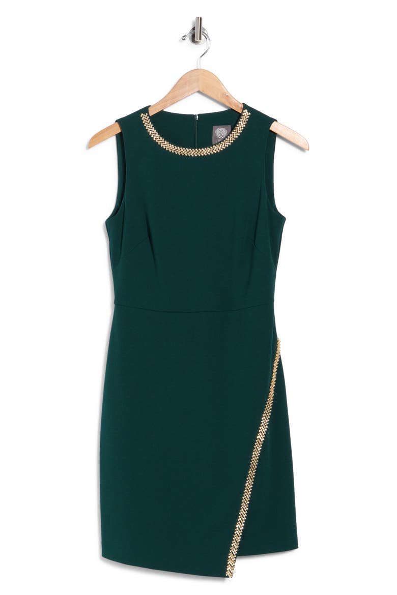 Embellished Scuba Crepe Asymmetrical Dress, Alternate, color, HUNTER