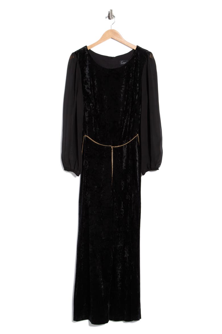 Sheer Sleeve Velvet Jumpsuit, Alternate, color, BLACK