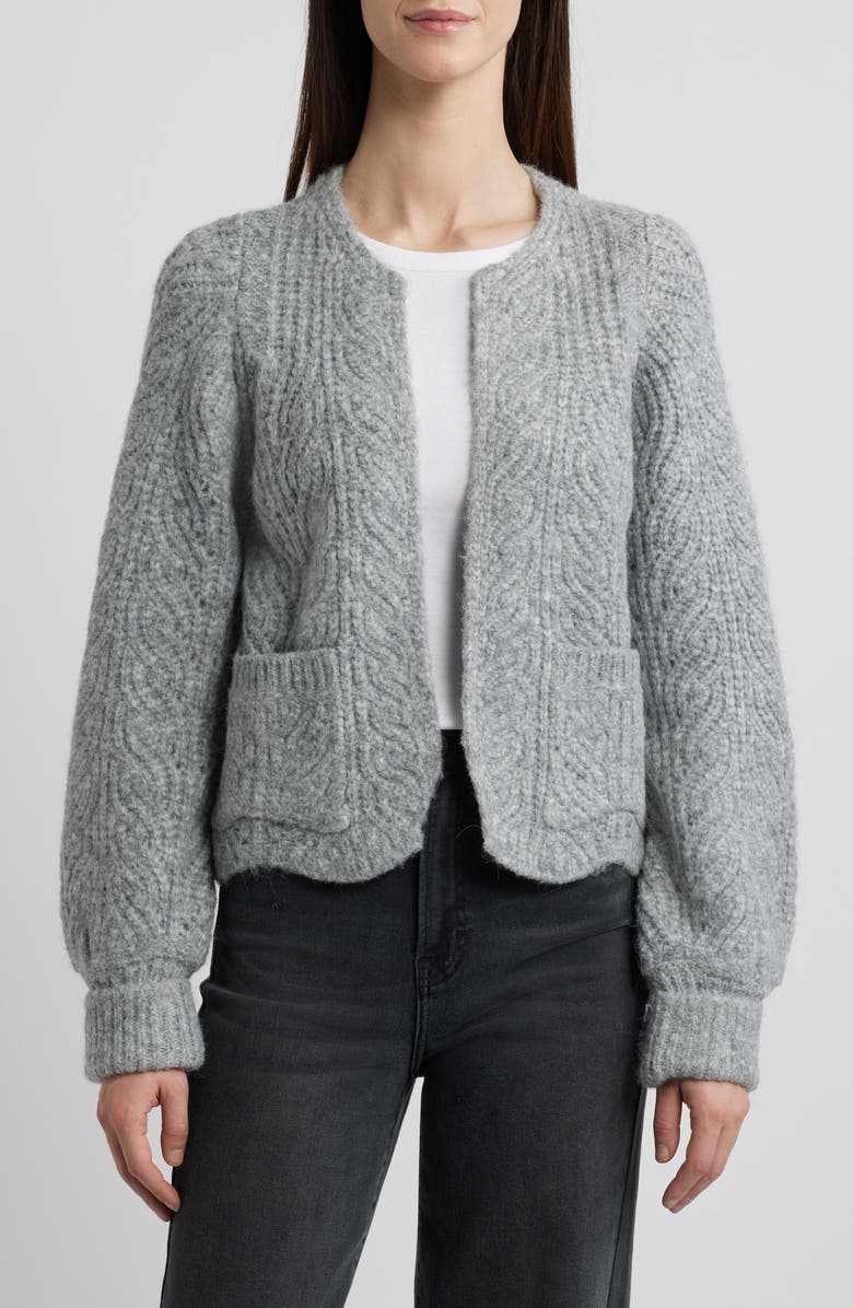 Wit & Wisdom Blouson Sleeve Cable Knit Crop Cardigan, Main, color, Heather Grey