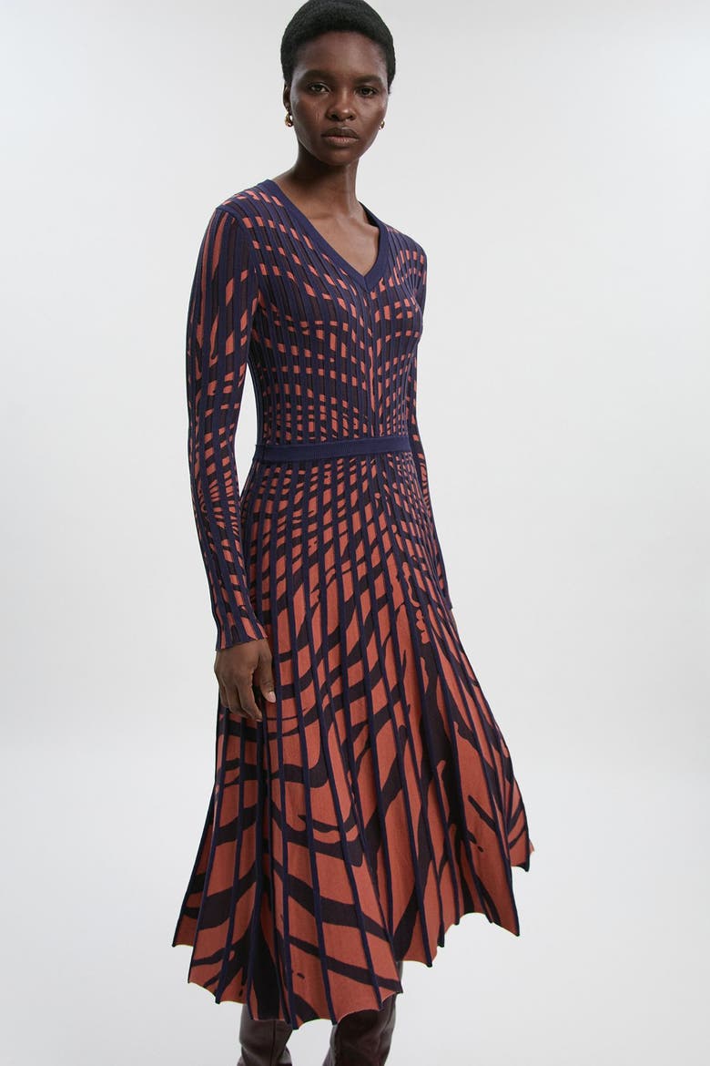 Zebra Jacquard Knit Midi Dress, Alternate, color, Brown