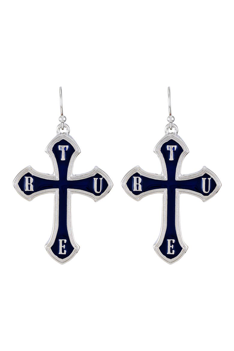 Enamel Cross Drop Earrings, Main, color, SILVERTONE/ BLUE