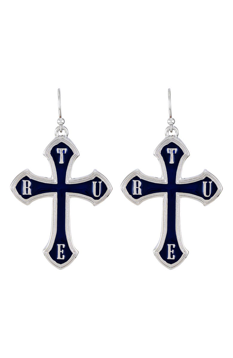 True Religion Enamel Cross Drop Earrings, Main, color, Silvertone/ Blue