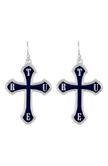 True Religion Enamel Cross Drop Earrings In Silvertone/blue