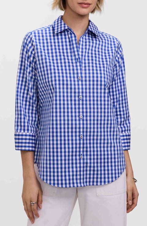 Margie Gingham Three-Quarter Sleeve Button-Up Shirt