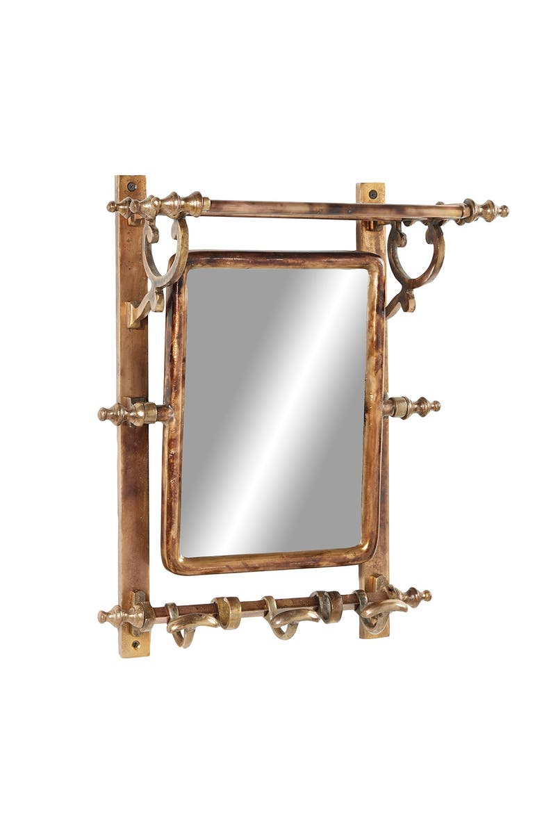 WILLOW ROW Brown Bathroom Wall Rack with Hooks & Rectangular Mirror, Main, color, 