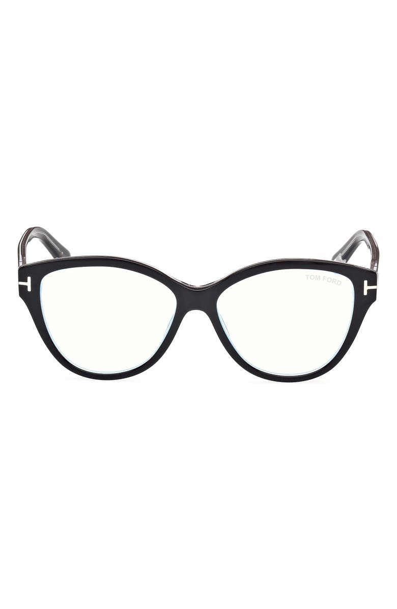 TOM FORD 54mm Cat Eye Blue Light Blocking Optical Glasses, Main, color, Black Crystal / T Logo