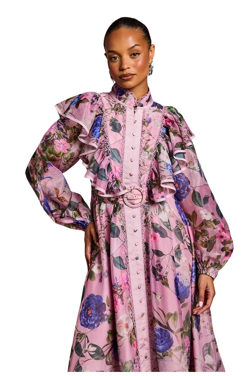 Coast Petite Organza Trim Printed Midi Dress, Alternate, color, Pink