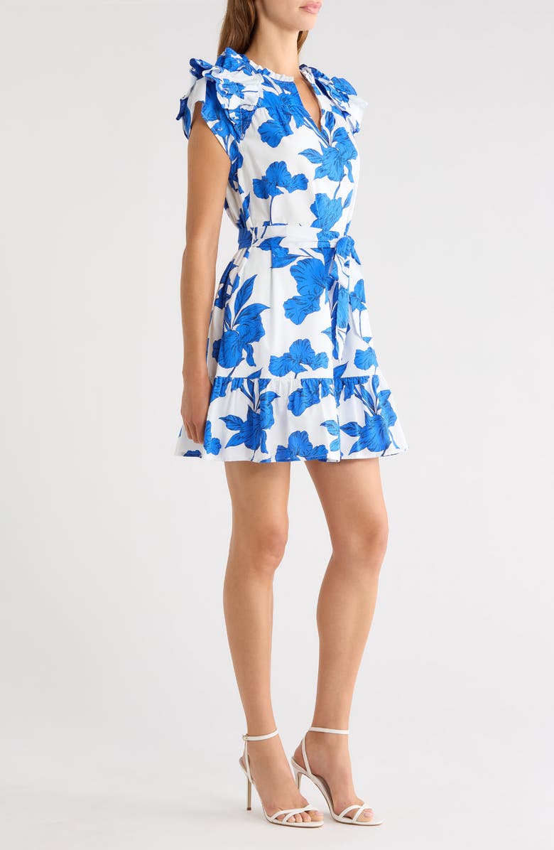 SUGARLIPS Ivonna Floral Ruffle Cotton Minidress, Alternate, color, White-Blue-Black