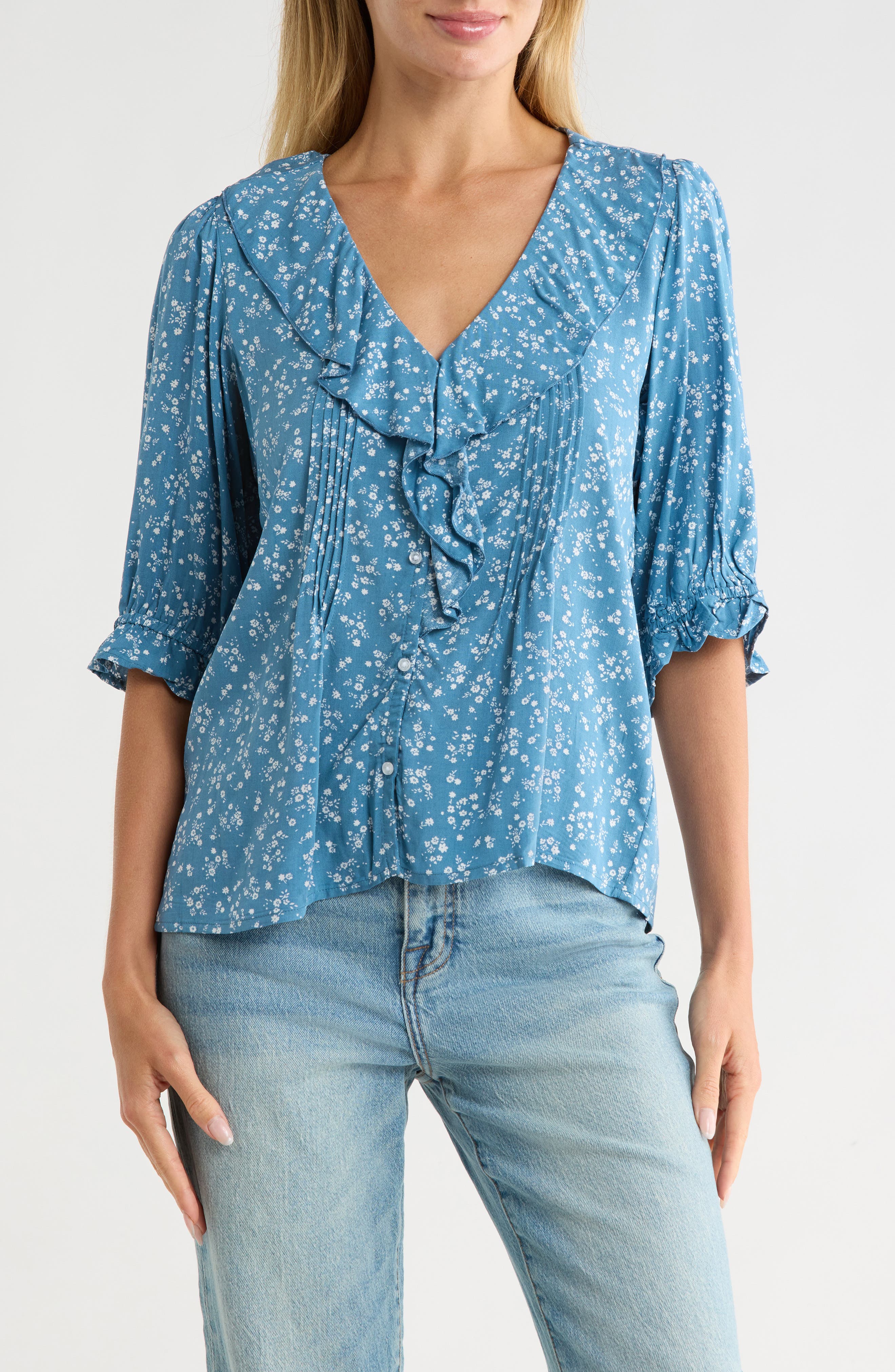 Trove New York Floral Ruffle Puff Sleeve Button-Up Top