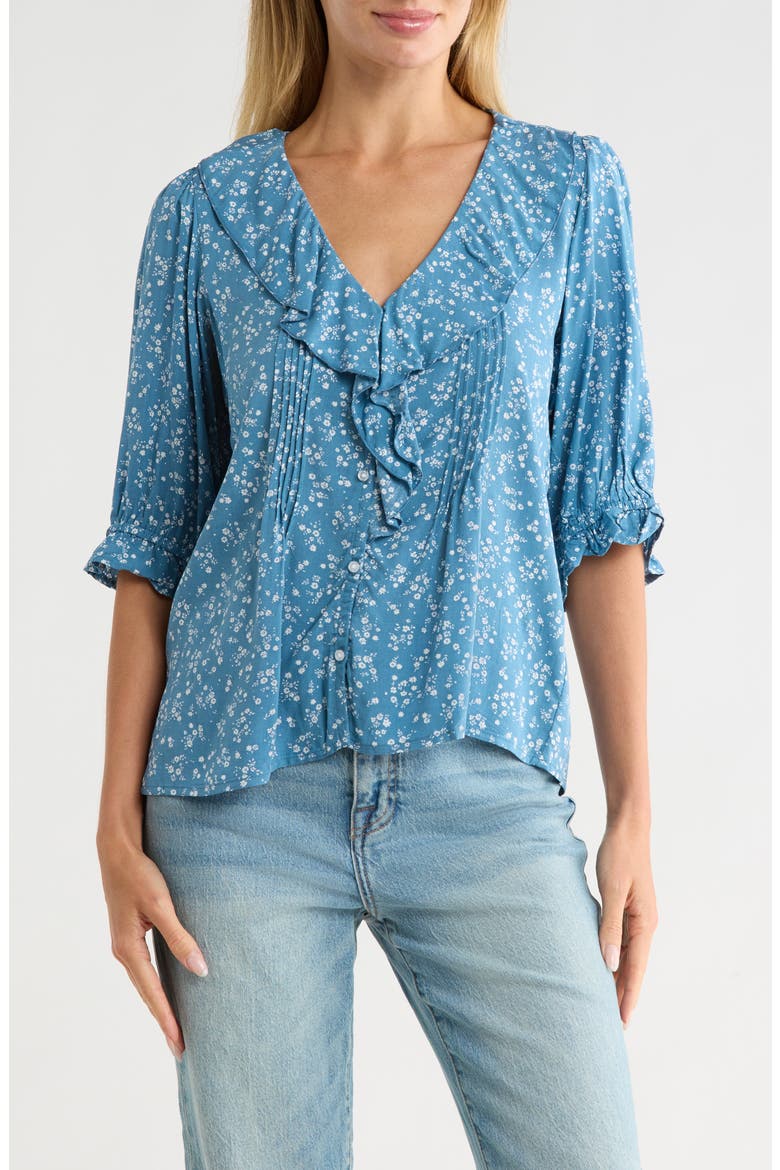 Floral Ruffle Puff Sleeve Button-Up Top, Main, color, COZY SKY