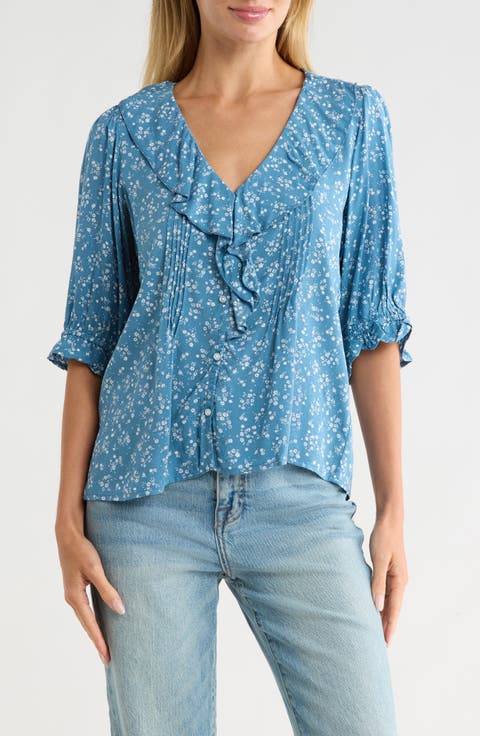 Floral Ruffle Puff Sleeve Button-Up Top