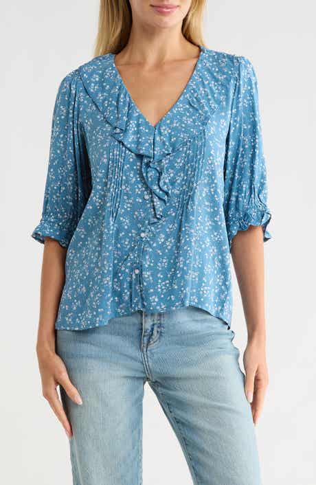 Trove New York Floral Ruffle Puff Sleeve Button-Up Top
