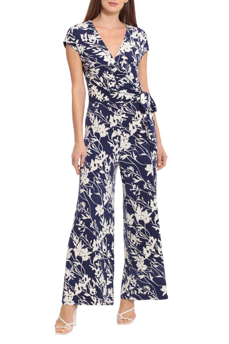 Floral Cap Sleeve Wrap Tie Jumpsuit, Main, color, NAVY/IVORY