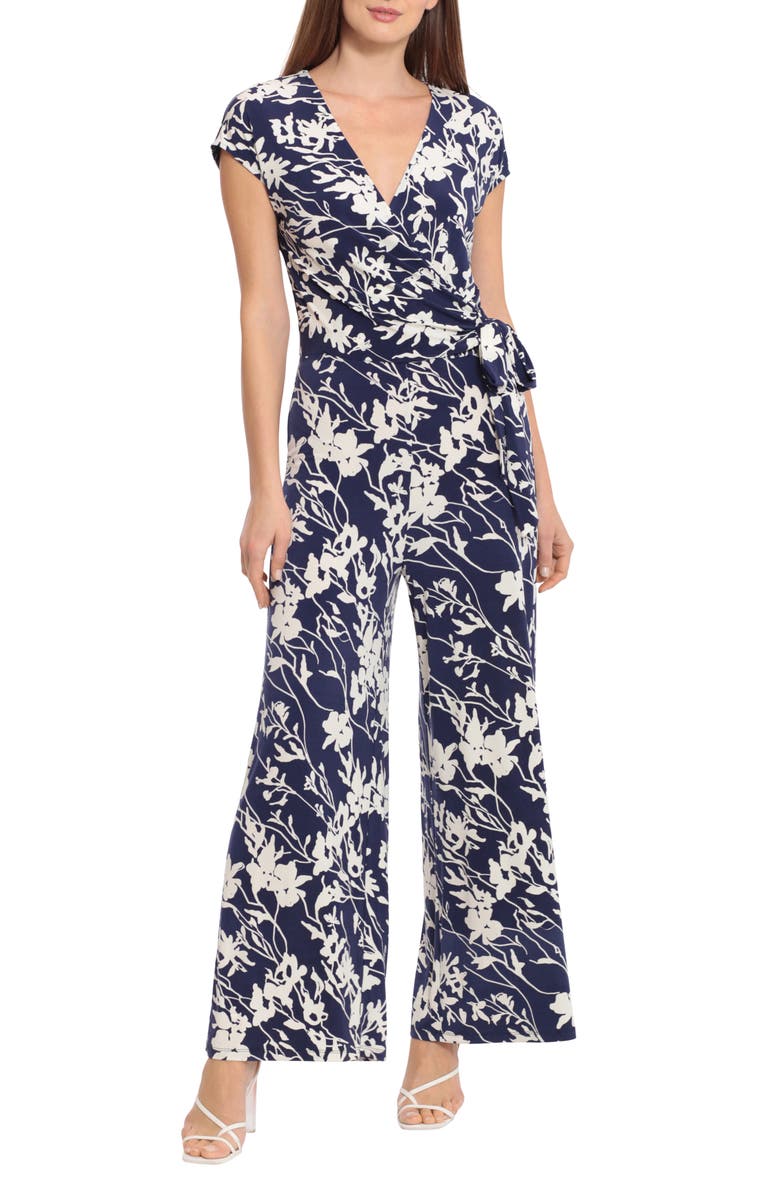 Maggy London Floral Cap Sleeve Wrap Tie Jumpsuit, Main, color, Navy/Ivory
