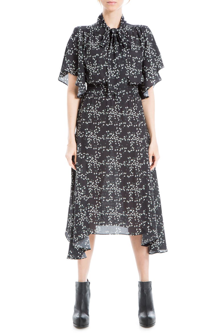 Tie Neck Flutter-Sleeve Dress, Main, color, BLACK/ SAGE TOSSED TRIANGLES
