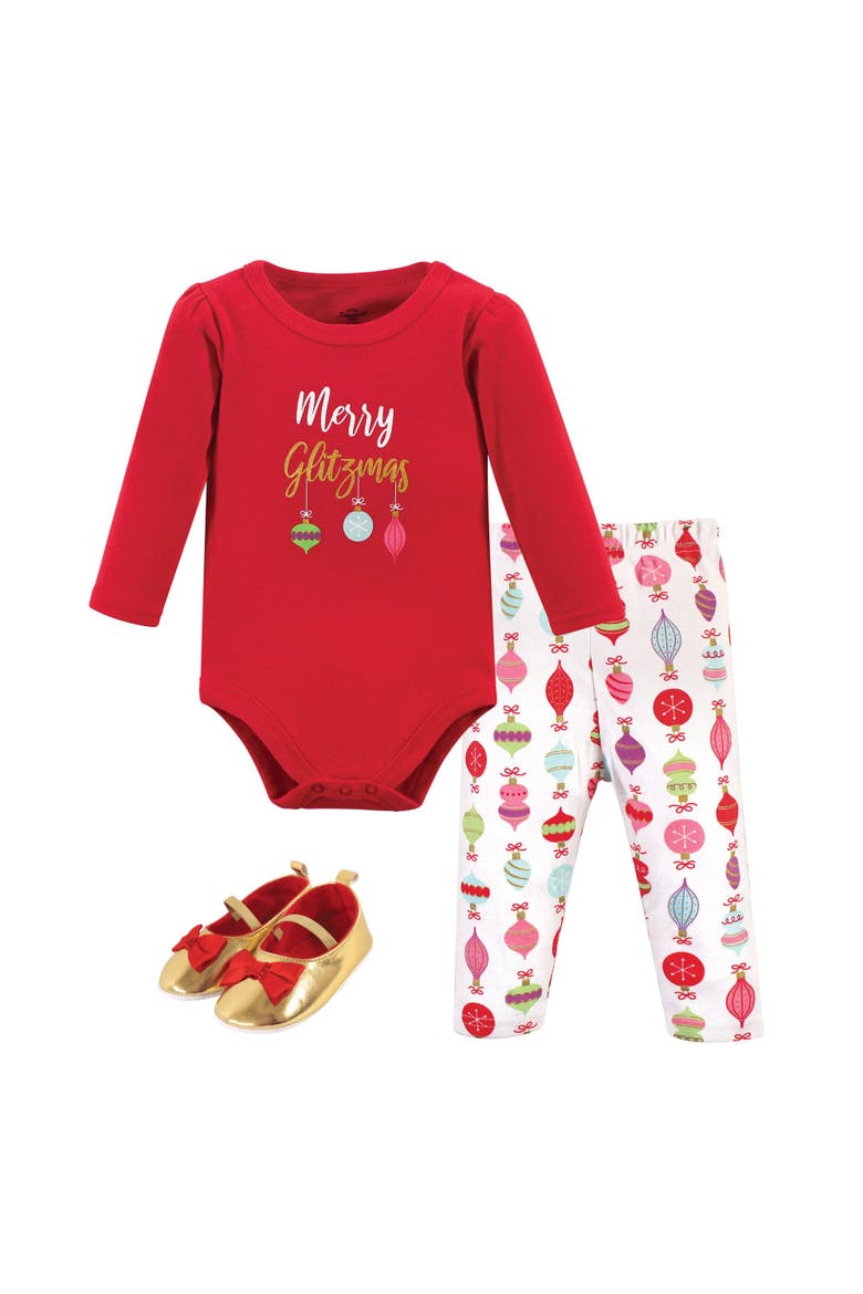Little One's Cotton Outfit Set Bodysuit, Pants, and Matching Shoes, Main, color, Glitzmas