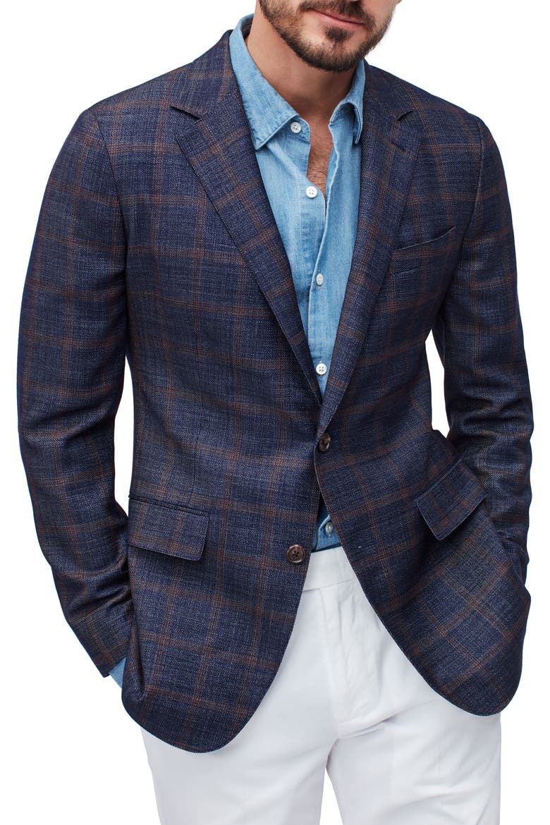 Slim Fit Plaid Unconstructed Wool Blazer, Main, color, BLUE AND GOLD PLAID