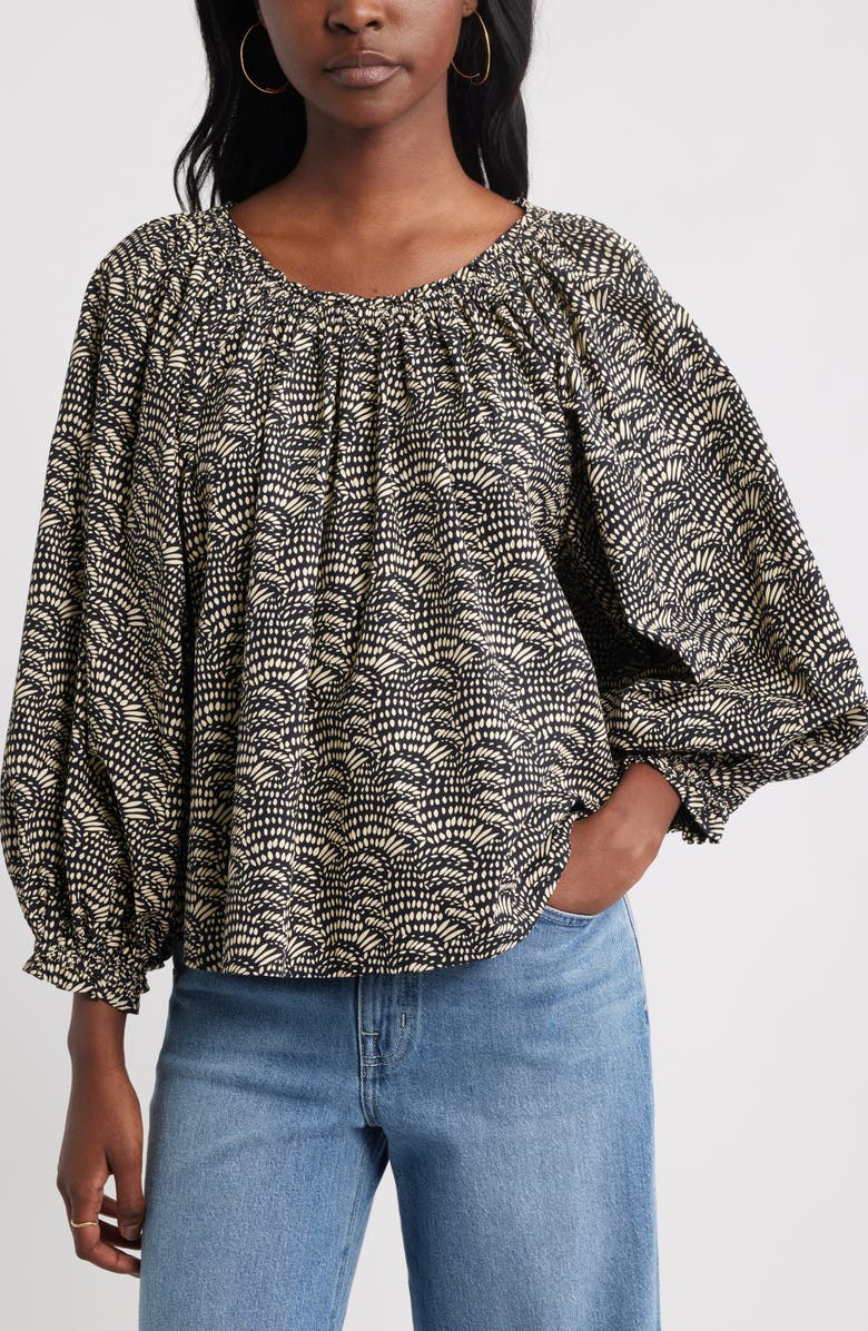 Treasure & Bond Print Raglan Sleeve Cotton Top, Main, color, Black- Ivory Coco Fan
