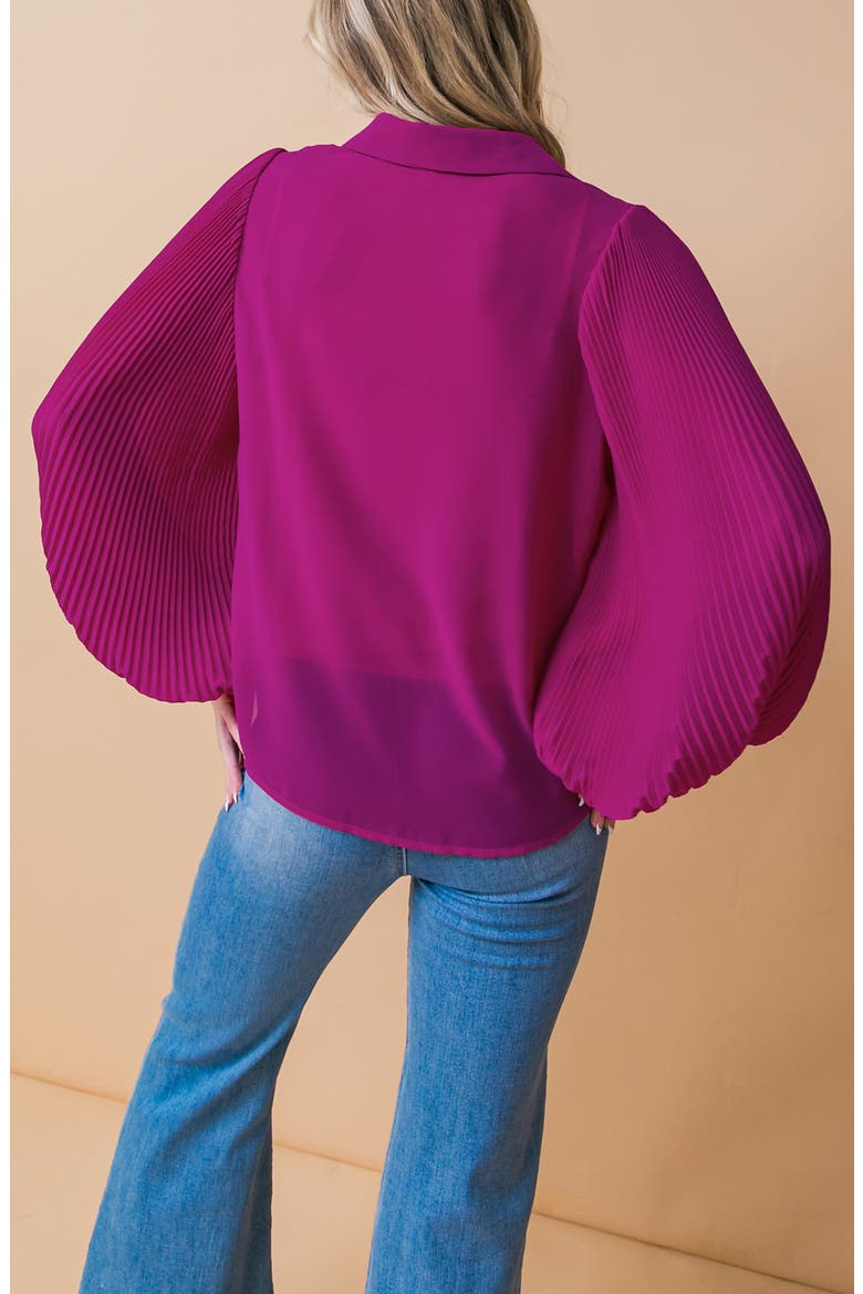 Pleated Sleeve Button-Up Shirt, Alternate, color, MAGENTA