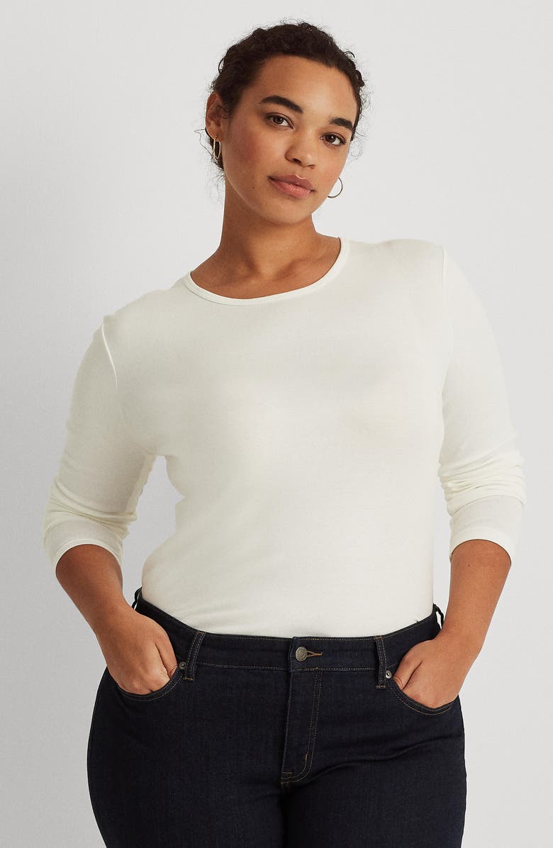 Lauren Ralph Lauren Long Sleeve Stretch Cotton Tee, Alternate, color, White