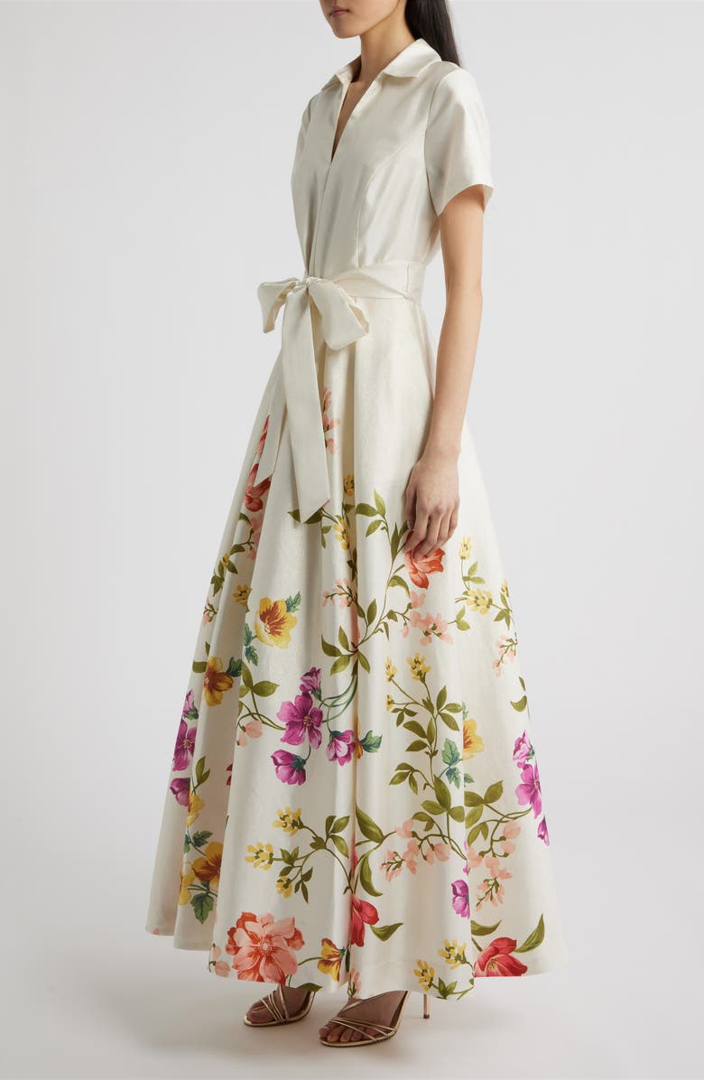 Tahari ASL Print Tie Waist Gown, Alternate, color, Creme Blush
