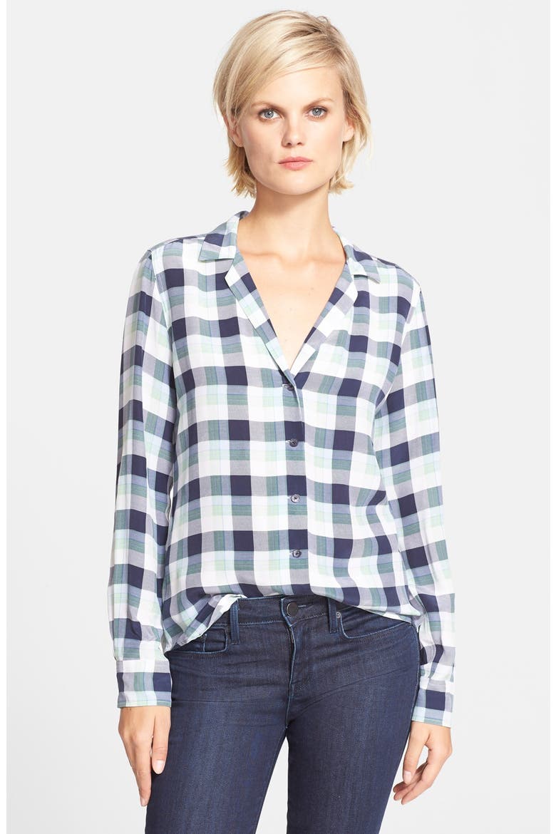 'Adalyn' Plaid Silk Shirt, Main, color, BRIGHT WHITE/ PEACOAT