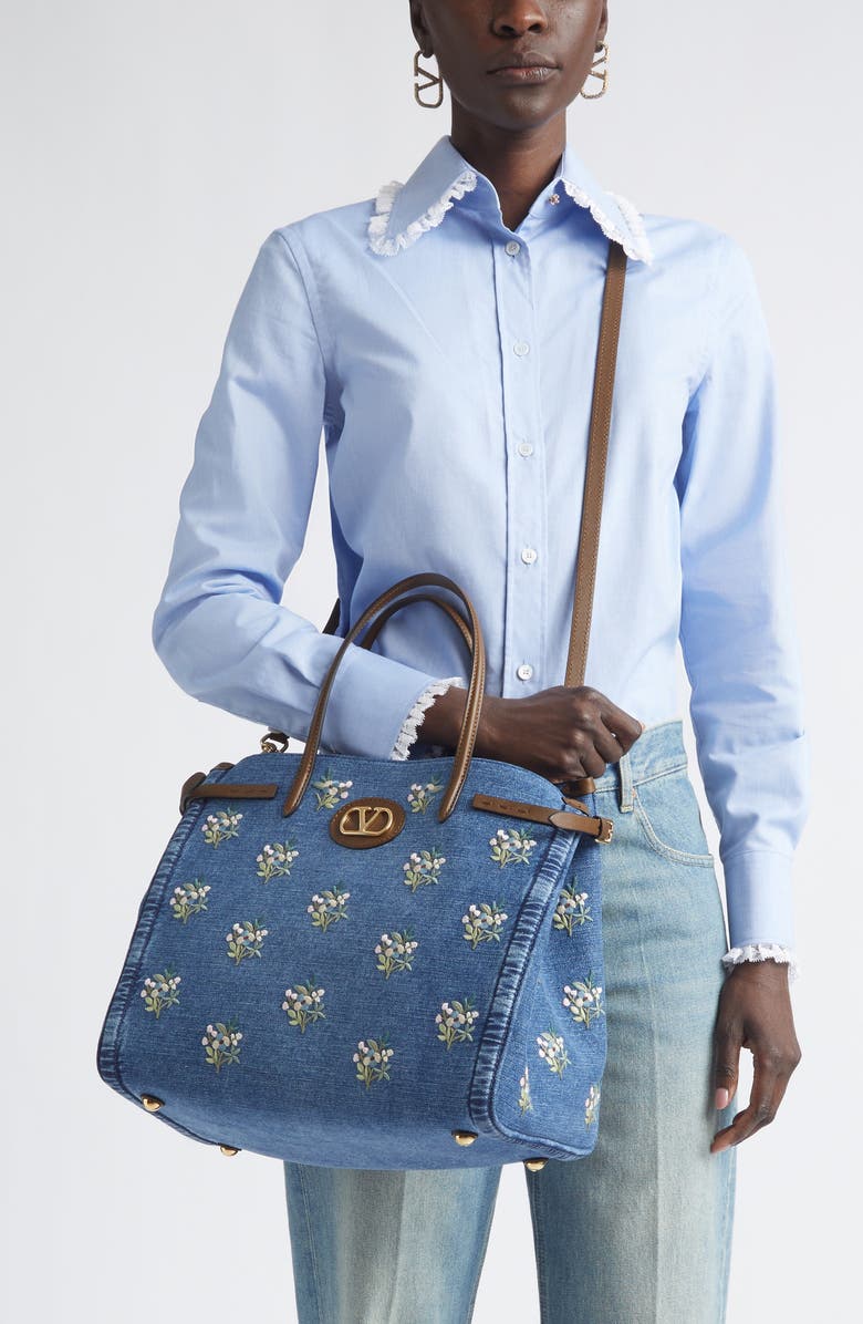 Valentino Garavani Medium Antibes Embroidered Denim Tote, Alternate, color, Blue Multi