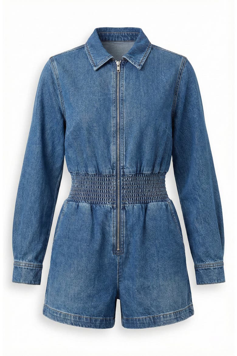 Zip Front Romper with Smocked Waist and 3/4 Sleeves, Alternate, color, Blue