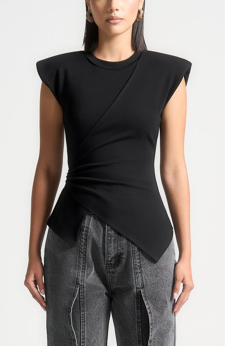 Manière De Voir Wide Shoulder Ruched Waist Top, Alternate, color, Black