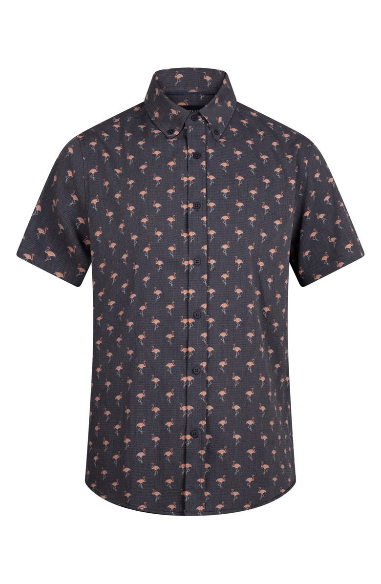 Report Collection Flamingo Print Short Sleeve Seersucker Button-Down Shirt, Alternate, color, Navy
