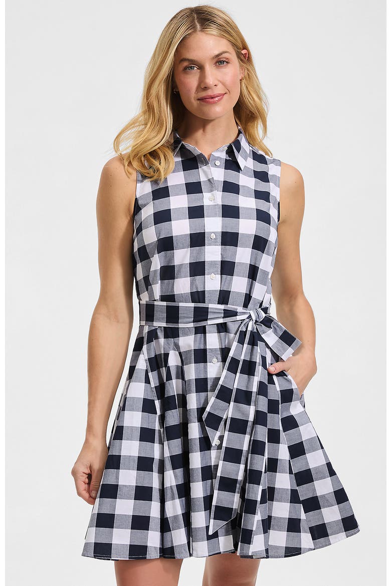 Poplin Button Front Dress with Godets, Main, color, Radiant Navy Gingham