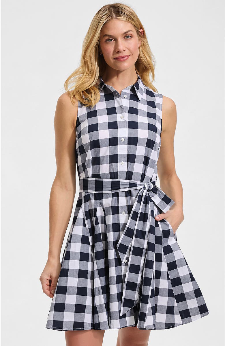 Lands' End Poplin Button Front Dress with Godets, Main, color, Radiant Navy Gingham