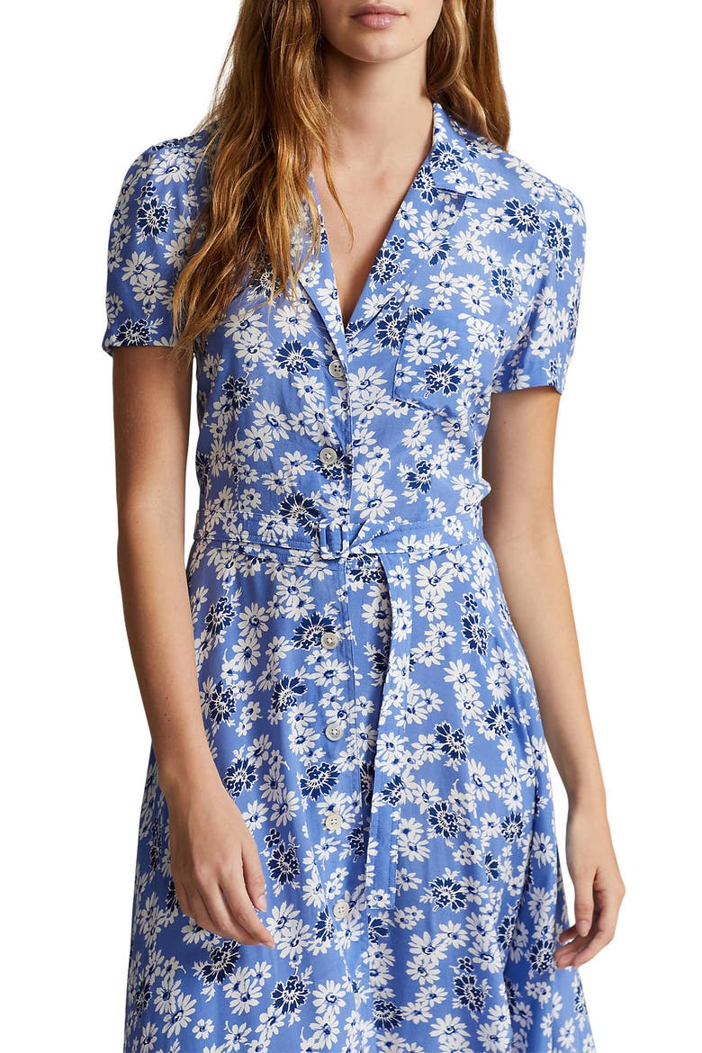Hampton Floral Crepe Midi Shirtdress, Alternate, color, BLUE COSMOS FLORAL