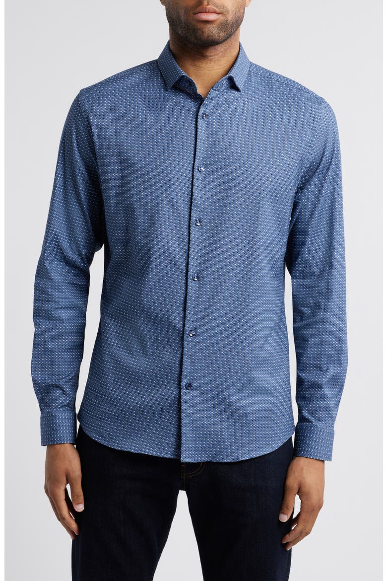 Rectangular Geo Print Button-Up Shirt, Main, color, DUSK BLUE