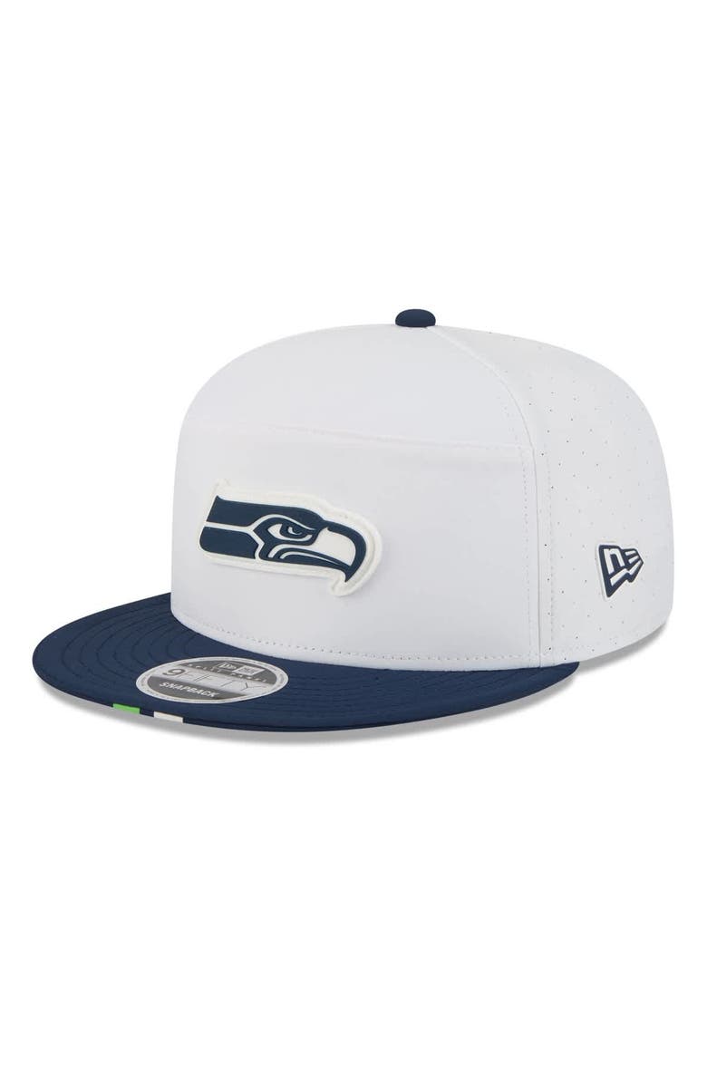 New Era Men's New Era White/College Navy Seattle Seahawks 2025 NFL Training Camp Split Panel 9FIFTY Snapback Hat, Main, color, White