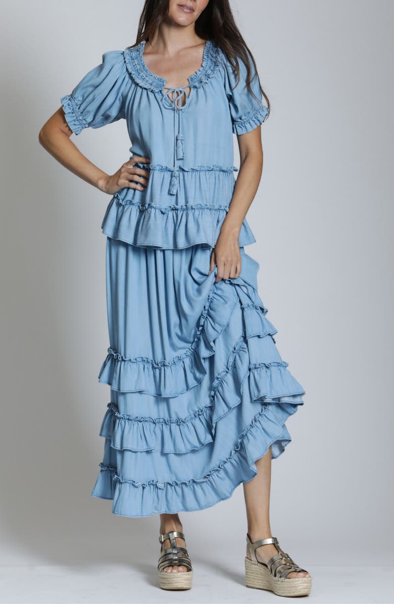 APNY Ruffle Cascade Chambray Maxi Skirt, Alternate, color, Light Indigo