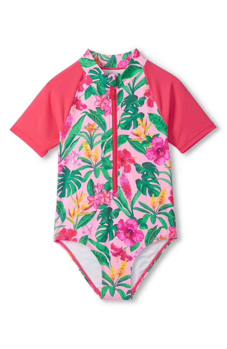 Hatley Kids' Tropical Floral Raglan Sleeve One-Piece Swimsuit, Main, color, Candy Pink