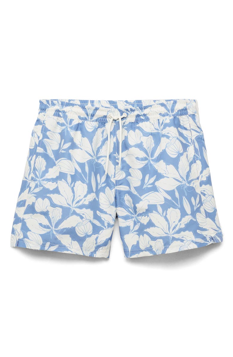 MANGO Floral Print Swim Trunks, Alternate, color, Blue