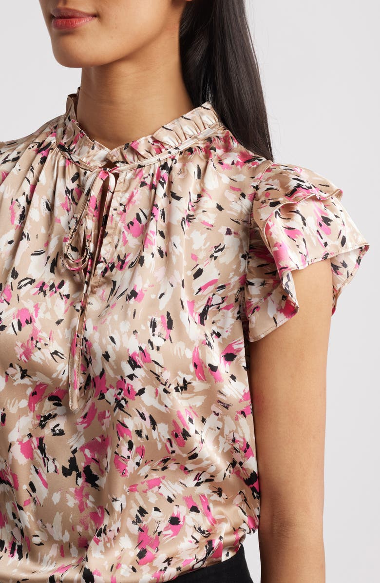 Anne Klein Floral Ruffle Sleeve Tie Neck Top, Alternate, color, 