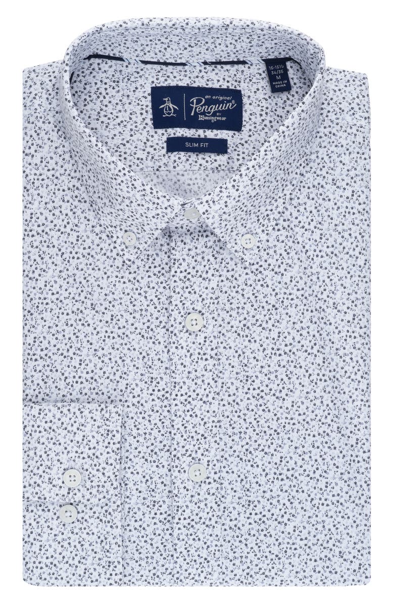 Original Penguin Micro Floral Print Slim Fit Dress Shirt, Main, color, Charcoal