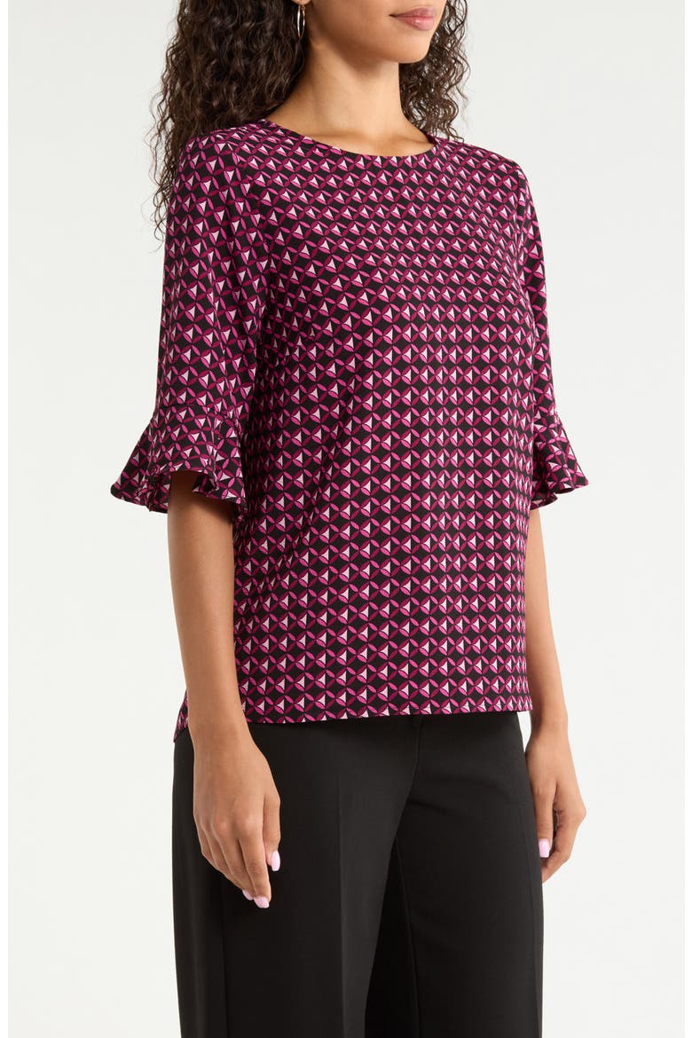 Geo Print Ruffle Cuff Top, Alternate, color, STARLET ROSE