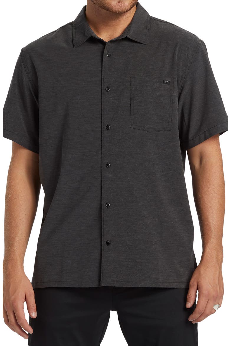 Surftrek Geo Print Short Sleeve Button-Up Shirt, Main, color, BLACK
