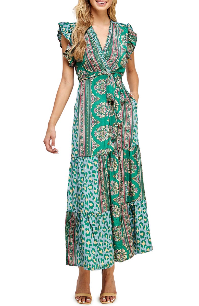 Q&A LOS ANGELES Patterned Tiered Maxi Wrap Dress, Main, color, 