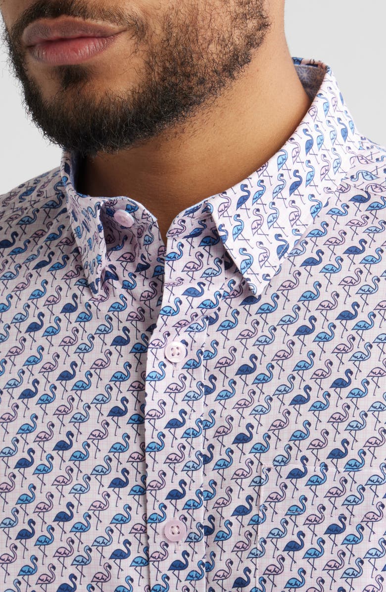 Johnston & Murphy Logan Flamingo Print Short Sleeve Cotton Blend Button-Up Shirt, Alternate, color, Pink / Blue Flamingos