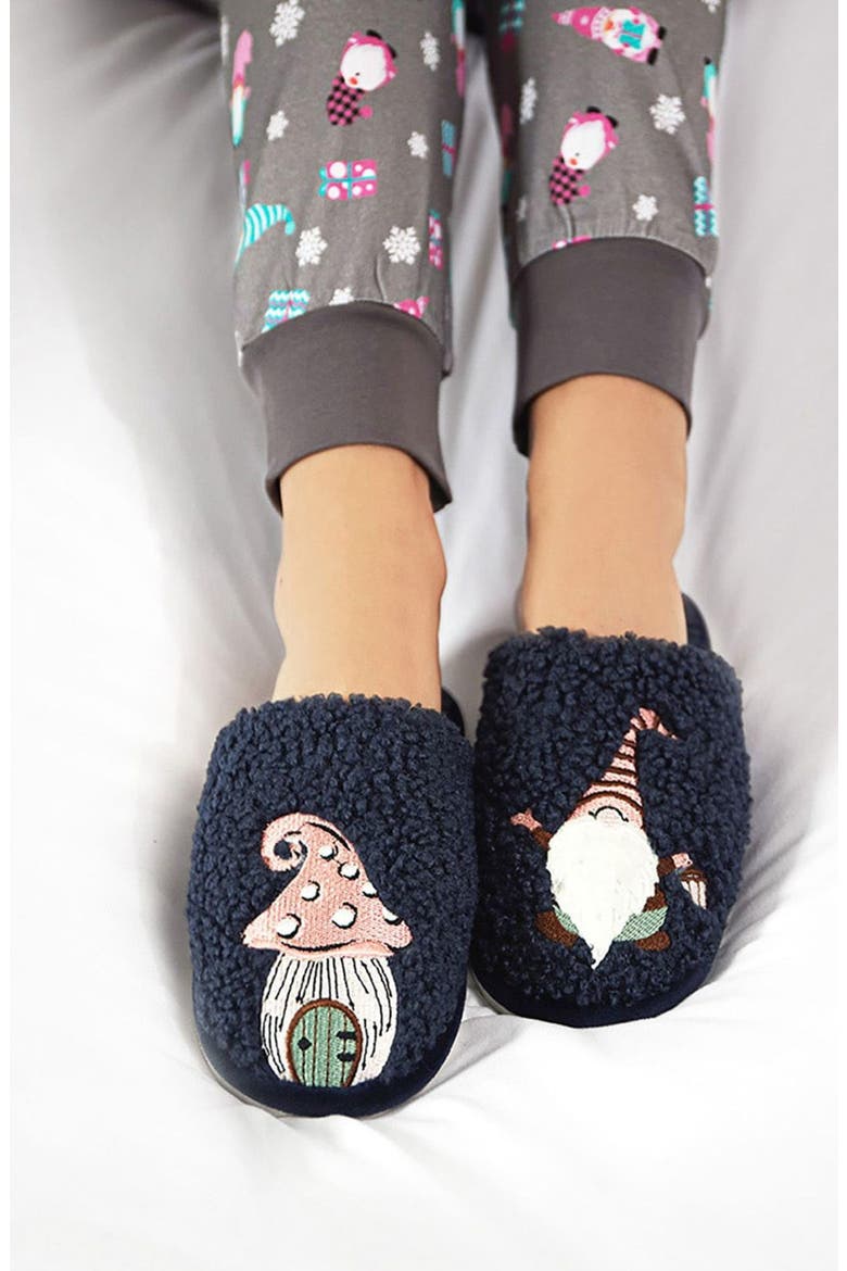 Gnome Mushroom Faux Shearling Memory Foam Slipper, Main, color, NAVY