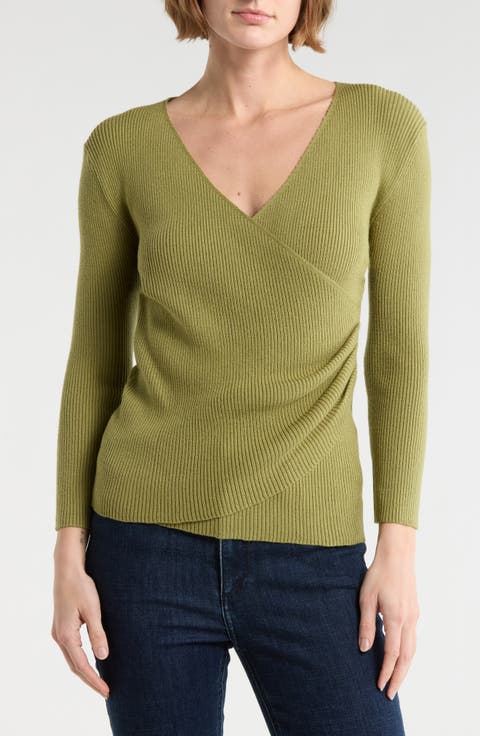 Three-Quarter Sleeve Faux Wrap Sweater