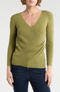 MAX STUDIO Three-Quarter Sleeve Faux Wrap Sweater