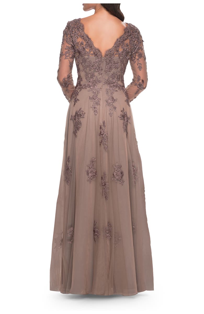 La Femme Long Sleeve Lace and Tulle Dress with V Neckline, Alternate, color, Cocoa