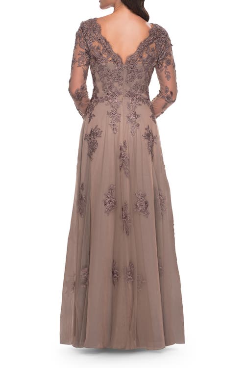 La Femme Long Sleeve Lace And Tulle Dress With V Neckline In Cocoa
