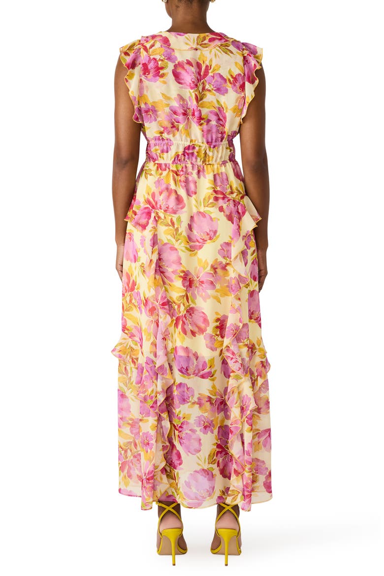 Crosby Floral Print Ruffle Maxi Dress, Alternate, color, IBIS ROSE